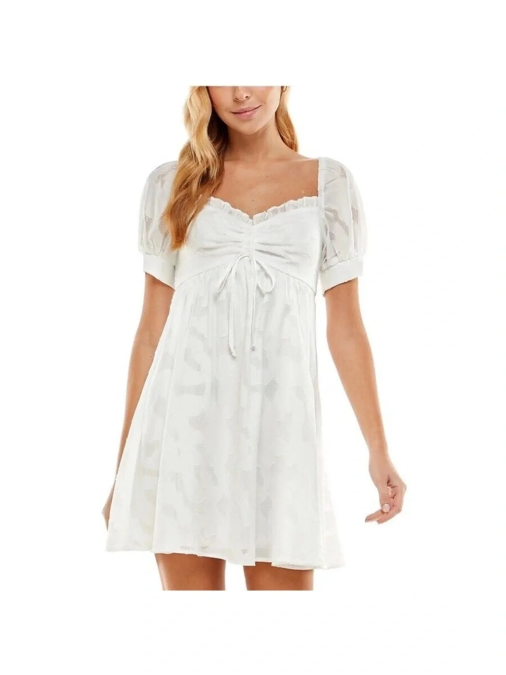 City Studio White Textured Mini Dress with Puff Detail - Picture 1 of 4